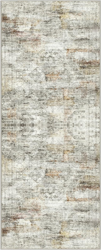 2x5 Rug Runner Washable for Entryway, Soft Bathroom Rugs with Non-Slip Backing, Abstract Low Pile Hallway Runner, Vintage Small Kitchen Carpet for Stair, Laundry Room(2'x5', Grey/Rust)
