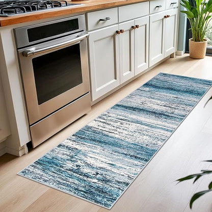 KOZYFLY Modern Abstract Runner Rug, 2x7 Kitchen Rugs Non-Slip Washable Soft Striped Runners for Hallways, Print Blue Carpet Runner for Entryway Bathroom Laundry Room Foyer