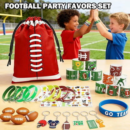 122 Pcs Football Party Favors Drawstring Bags Football Goodie Bag with Mini Ball, Wristband, Slap bracelets, Keychains, Stickers,Tattoo Stickers for Football Themed Party Supplies