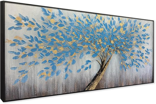 Blue Tree of Life Canvas Wall Art, Modern Abstract Textured Painting, Large Wall Art Framed Panoramic Landscape Artwork for Living Room, Bedroom, Office, Home Decor 40"x20"