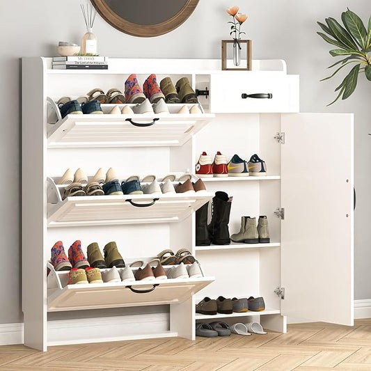 Shoe Cabinet for Entryway, Freestanding Shoe Storage Cabinet with 3 Flip Drawers and Side Cabinet, Narrow Shoe Rack Organizer with Adjustable Shelves, Modern Slim Hidden Shoe Cabinet, White