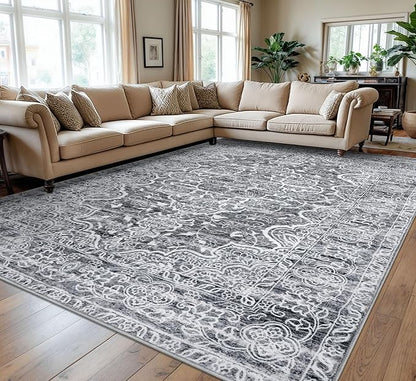 KUTA Vintage Floral Area Rug 9x12 Living Room, Washable Large Rug for Bedroom 9ft x 12ft Non-Slip, Grey Blue White Ultra Soft Printed Medallion Dining Room Low-Pile Office Room Carpet