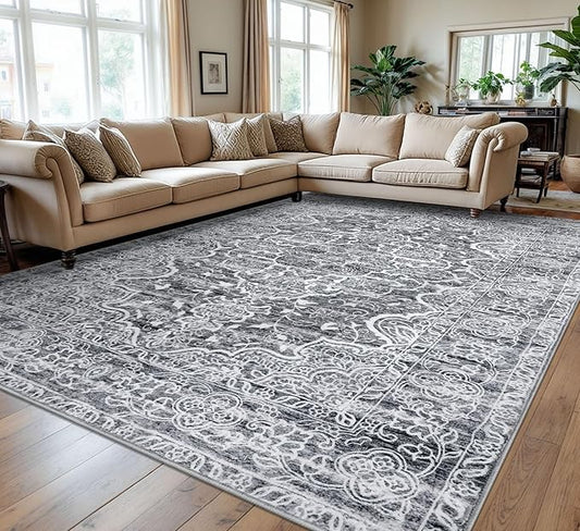 KUTA Vintage Floral Area Rug 9x12 Living Room, Washable Large Rug for Bedroom 9ft x 12ft Non-Slip, Grey Blue White Ultra Soft Printed Medallion Dining Room Low-Pile Office Room Carpet