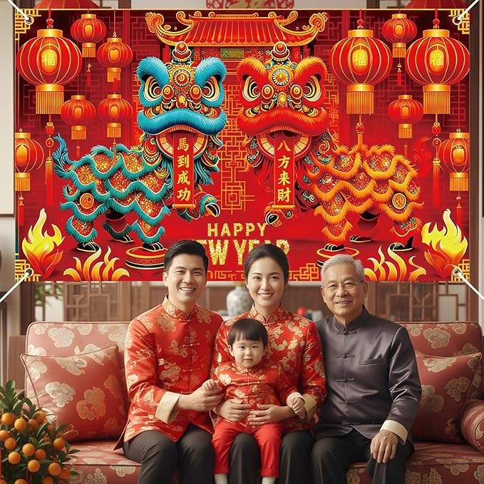 Chinese New Year Decorations 2026, 71x43 Inch Year of The Horse 2026 Banners Backdrops Party Decoration, Lunar New Year Backdrop Chinoiserie Decor for Spring Festival