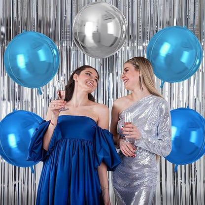 Blue Silver Round Foil Balloons 9 pcs,Metallic Giant 4D Round Balloons 22 Inch for Birthday Graduation Baby Shower Party Decorations