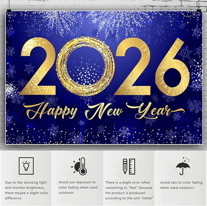 YongFoto 2026 Happy New Year Backdrop 10x5ft Fireworks Snowflakes Photography Background Christmas Night Festival Carnival Celebration Party Banquet Decor Banner Photoshoot Wallpaper Photo Booth