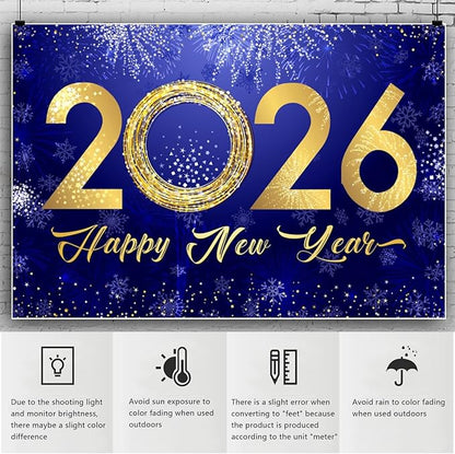 YongFoto 2026 Happy New Year Backdrop 10x7ft Fireworks Snowflakes Photography Background Christmas Night Festival Carnival Celebration Party Banquet Decor Banner Photoshoot Wallpaper Photo Booth