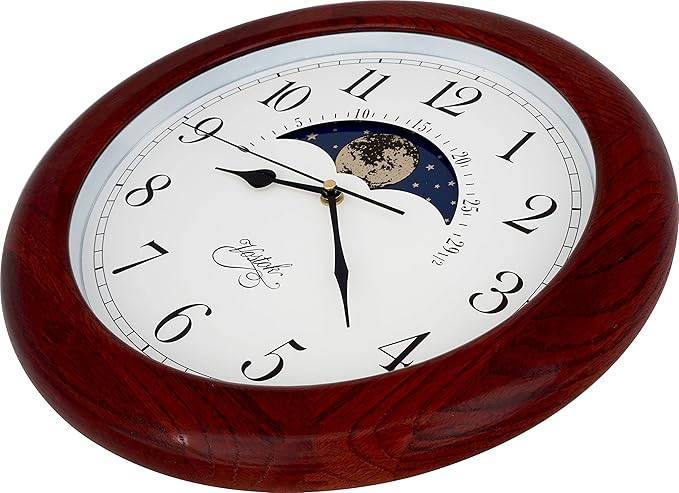 JUSTIME 14 Inch Exclusive Solid Oak Wood Non-Ticking Sweep Mechanical Specialty Moon Phase Moving Dial Wall Clock, Gift, Home Décor