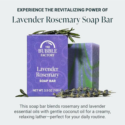 The Bubble Factory Handmade Soap, All Natural Soap for Women & Men, Hand, Bath & Body Natural Bar Soap, Vegan, Palm Oil Free, Made in USA with Shea Butter + Essential Oils, Lavender Rosemary, Single