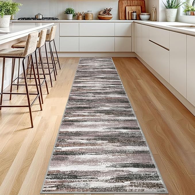 Modern Abstract Runner Rug 2.6x12, Dark Light Brown White Washable Long Kitchen Runner Non-Slip Soft Hallway Rug Runner Thin Print Faux Wool Carpet for Entryway Bedroom Laundry Room Indoor