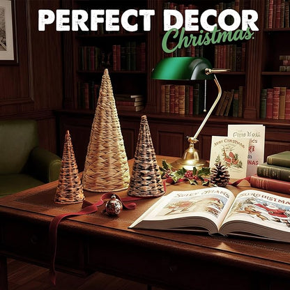 3pcs Woven Water Hyacinth Christmas Trees Decor, Artificial Christmas Tree Decorations for Home Party Table Village Craft Indoor Outdoor Vintage Christmas Decor(Natural+Black+Brown)