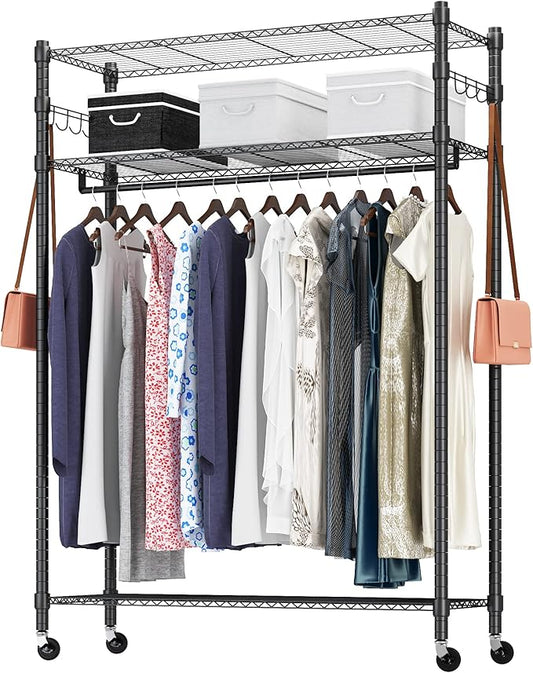 Rolling Garment Rack with Adjustable Wire Shelf, 3 Tired Clothes Rack including 1 Clothes Hanging Bar, 1 Roating Hanger Hooks - Hold Up to 400Lbs (Black, 1Rod 1Hook)
