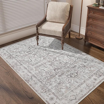 jinchan Vintage Area Rug 3x5 for Entryway - Machine Washable Stain Resistant Non-Slip Low Pile Ultra-Thin Floral Print Indoor Rug for Kitchen Bedroom Living Room (3x5ft,Taupe)