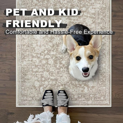 KILOCOCO Hallway Runner 2x8 Rug Runner Printed Vintage Floral Washable Kitchen Runners Non-Slip Rubber Backed Runners for Hallways Laundry Room Distressed Boho Rugs for Entryway Bedroom, Beige