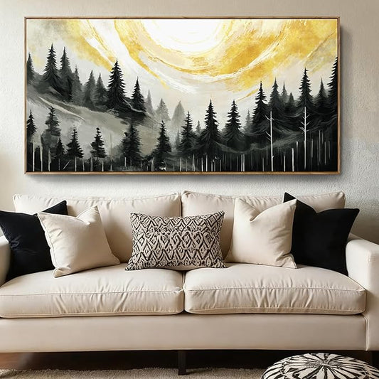 ARTZON Large Framed Canvas Art Wall Decor for Living Room Modern Black Yellow Gray Tree Picture Nature Lanscape Sunset Scenery Pin Forest Horizontal Artwork for Walls Home Living Room Bedroom 48"x24"