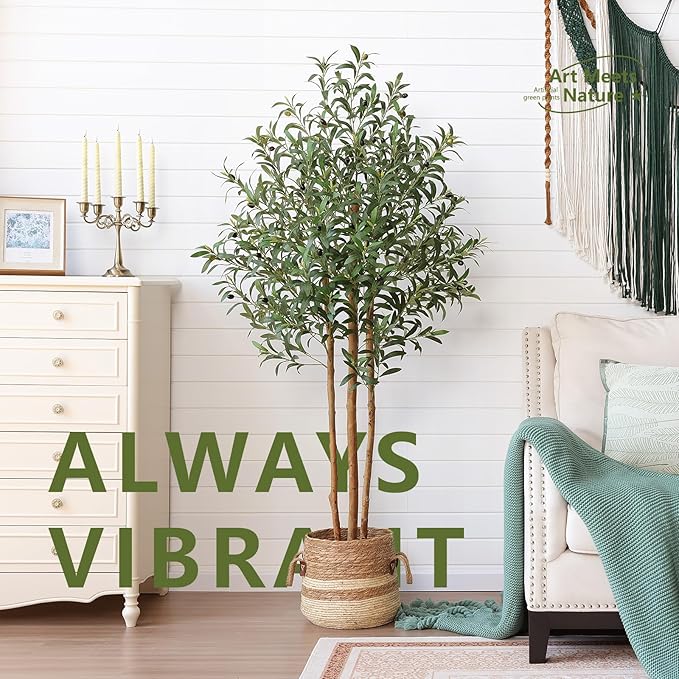 6FT Olive Tree Artificial Indoor Faux Plant - Tall Fake Silk Tree, Natural Trunk, Easy Maintenance Fake Tree Home Decor - Large Indoor Plant for Living Room, Office, Modern Home,VN356