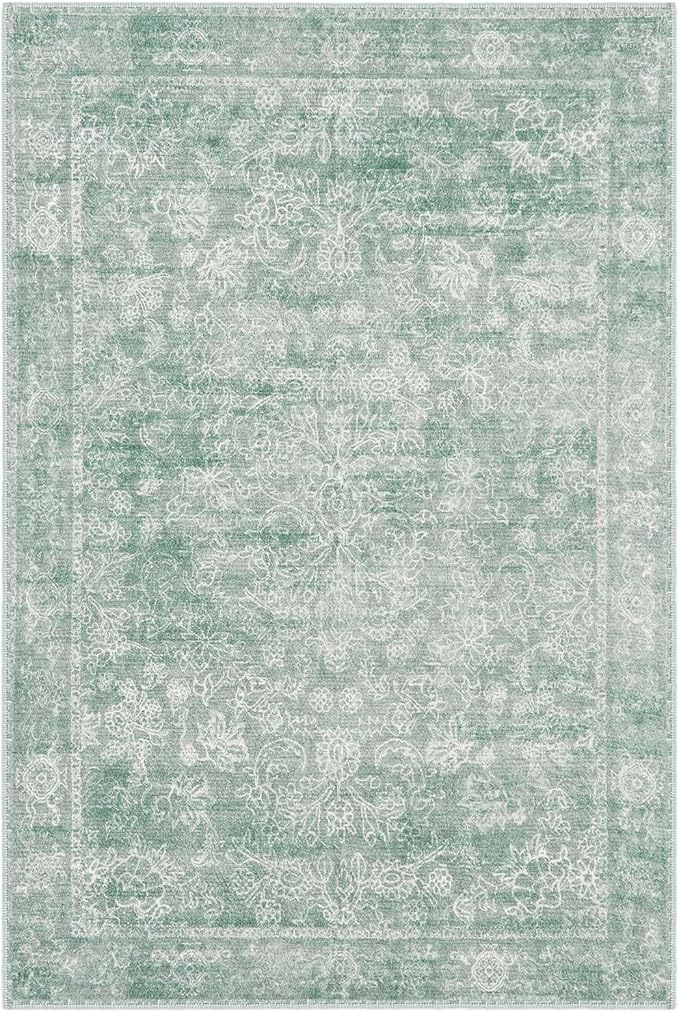 jinchan 5x7 Green Area Rugs for Living Room – Machine Washable Vintage Floral Soft Stain Resistant Low Pile Rug,Non Slip Ultra-Thin Carpet for Bedroom,Dining Room,Home Office,Nursery (5'x7',Green)