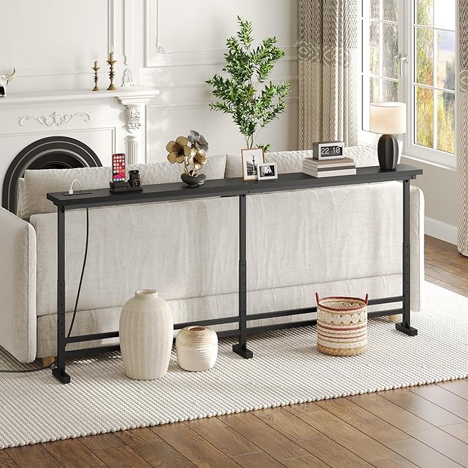 78.7" Console Table with Adjustable Height (27.6"-35.4") and Power Outlet, Skinny Behind Couch Table, Narrow Long Sofa Table for Living Room, Hallway, Entryway, Black CT09UBB