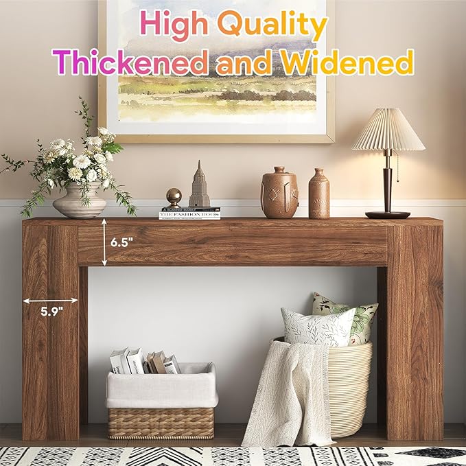 63-Inch Long Console Table with LED Light, Farmhouse Sofa Table Behind Couch, Wooden Console Table for Entryway Hallway Entrance Living Room, Brown