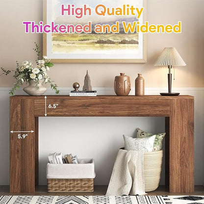 63-Inch Long Console Table with LED Light, Farmhouse Sofa Table Behind Couch, Wooden Console Table for Entryway Hallway Entrance Living Room, Brown