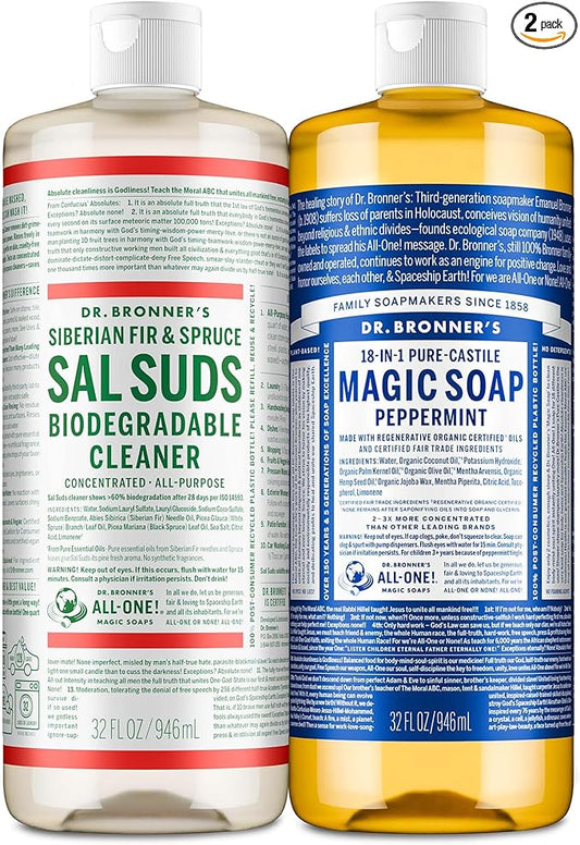 Dr. Bronner’s Pure-Castile Magic Soap Variety Pack & Sal Suds Biodegradable Cleaner Liquid Body Soap, All-Purpose Cleaner, Vegan, Cruelty-Free, Non-GMO, Peppermint Pure-Castile Liquid 32 oz & Sal Suds