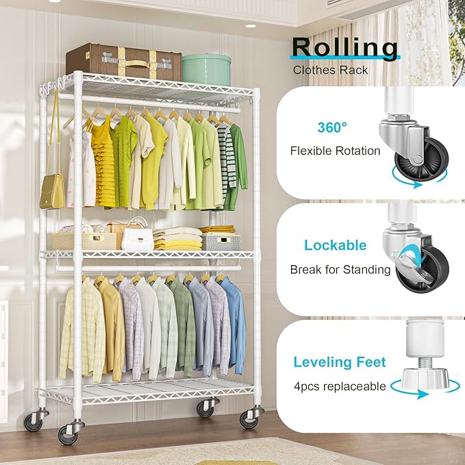 P3 Rolling Clothes Rack, Clothing Racks for Hanging Clothes, Heavy Duty Garment Rack with Wheels, Freestanding Portable Closet Organizer 39.4''W x 14''D x 78.5''H, Max Load 464 LBS, White
