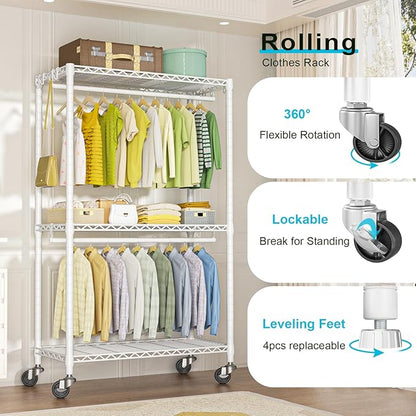 P3 Rolling Clothes Rack, Clothing Racks for Hanging Clothes, Heavy Duty Garment Rack with Wheels, Freestanding Portable Closet Organizer 39.4''W x 14''D x 78.5''H, Max Load 464 LBS, White