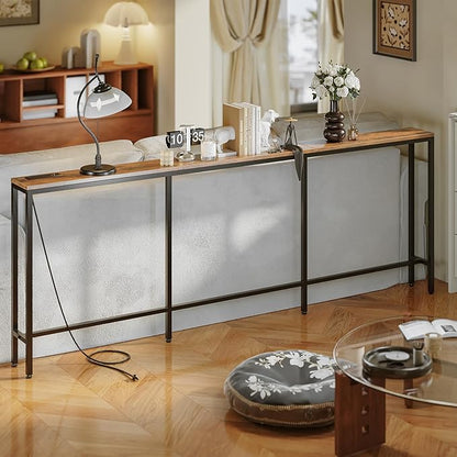 86.6" Behind Couch Table with Fast Charging Station, 7.1" Narrow Skinny Sofa Table with 2 Power Outlets, 2 USB-A, USB-C for Console Entryway, Rustic Brown