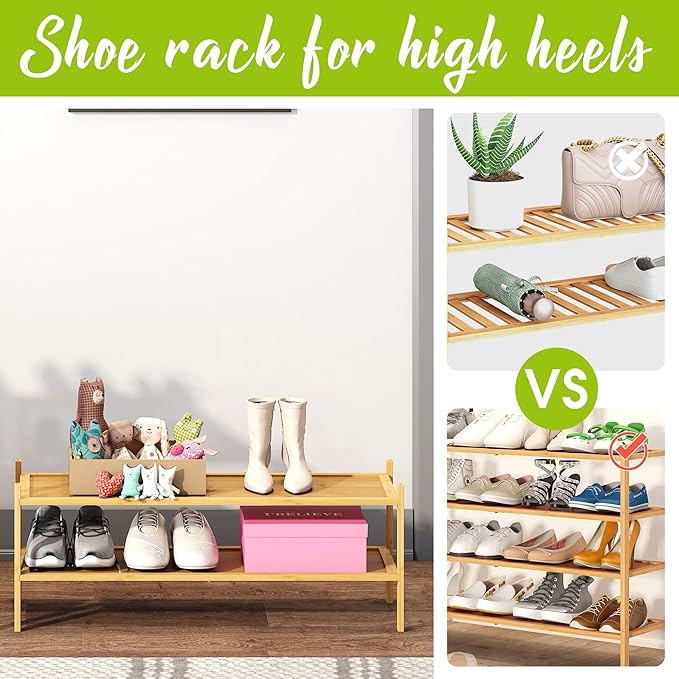 BMOSU 2-Tier Bamboo Extended Shoe Rack Premium Stackable Shoe Shelf Storage Organizer for Hallway Closet Living Room Entryway Organizer(Natural)
