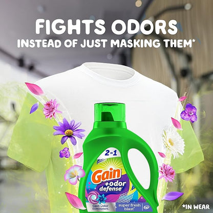 Gain Odor Defense Liquid Laundry Detergent, Super Fresh Blast Scent, 2 x 65 fl oz, 2 x 45 loads, total of 90 loads, 2 in 1, Laundry Detergent Liquid Soap, HE compatible