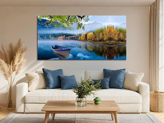 Arjun Lake Canvas Wall Art Blue Mountain Sky Nature Landscape Picture Boat Artwork Modern Scenic Painting Framed for Living Room Bedroom Dinning Room Home Office Wall Decor, Extra Large Size 58"x29"