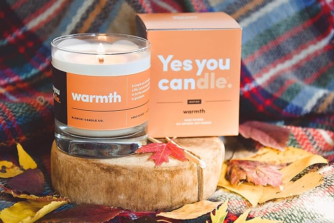 Warmth, Inspirational 8oz Highly-Scented Soy Candle, Made in USA, Great Message, Pure Essential Oils, Aromatherapy, 100% Pure, Buttered Rum & Tangerine