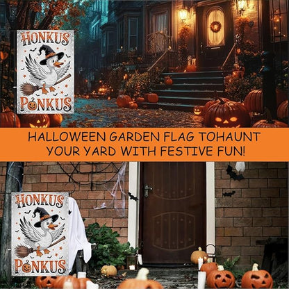 Fokongna Witch Goose Halloween Garden Flag, Interesting Happy Halloween Decor, 12x18 Inch Burlap Vertical Double Sided Flags, for Home Yard Outside Decorations