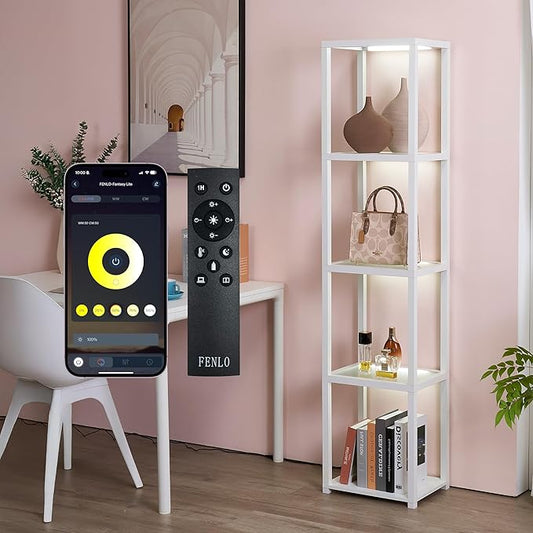 FENLO LED Display Shelf Unit – Dimmable Lighted Furniture for Bedroom, Living Room, or Office – Glass Curio Cabinet Shelf Lamp with App + Remote Control + Adjustable Lighting