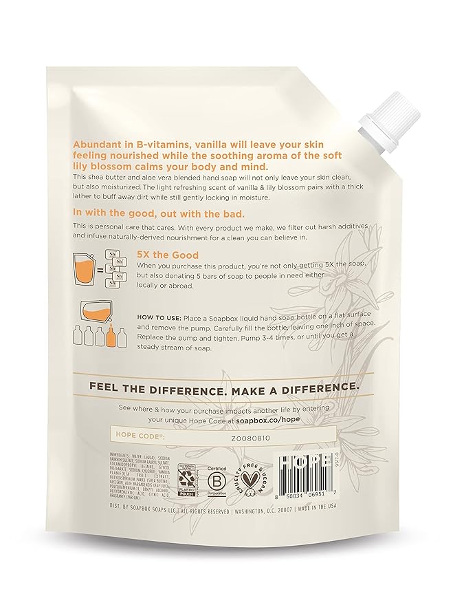 Soapbox Liquid Hand Soap Refill, Vanilla & Lily Blossom, Gentle & Moisturizing Hand Wash for Kitchen and Bathroom, Vegan & Cruelty Free, 64oz Half Gallon Refill (Pack of 1)
