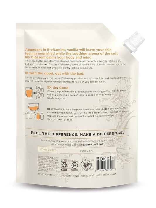 Soapbox Liquid Hand Soap Refill, Vanilla & Lily Blossom, Gentle & Moisturizing Hand Wash for Kitchen and Bathroom, Vegan & Cruelty Free, 64oz Half Gallon Refill (Pack of 1)