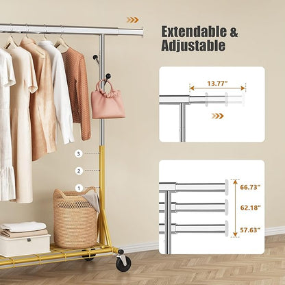 Heavy Duty Clothes Rack Load 530 LBS Metal Clothing Garment Rack Hang 200 pieces of clothing on Wheels Rolling Portable Collapsible & Adjustable with Hook for Hanging Clothes Gold