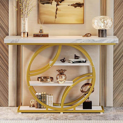 Huuger 47.2 Inch Entryway Table with Marble Top, Modern Console Sofa Table, Accent Table with Shelves, for Entry, Hallway, Entrance, Foyer, O-Shaped Metal Frame, White Marble & Gold