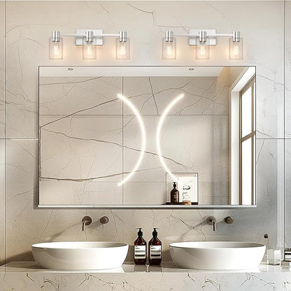 3-Light Brushed Nickel Wall Sconces for Bathroom, Modern Vanity Light Fixtures Over Mirror, Wall Lamp with Clear Glass Shade, E26 Wall Sconces Over Mirror for Bathroom, Living Room, Hallway