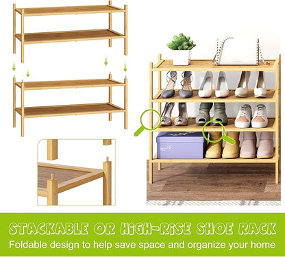 BMOSU 2-Tier Bamboo Shoe Rack Premium Stackable Shoe Shelf Storage Organizer for Hallway Closet Living Room Entryway Organizer(Natural)