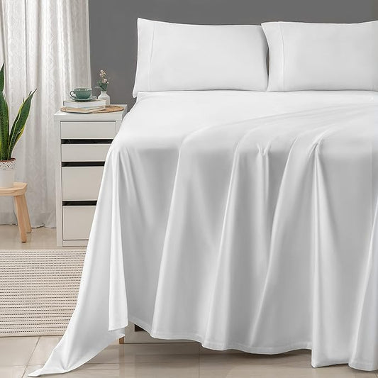 Threadmill 100% Cotton Sheets for King Size Bed - 600 Thread Count King Bed Sheets Set with 16” Deep Pocket - Sateen Weave 4-Piece Bedding Set with Cooling Effect, White
