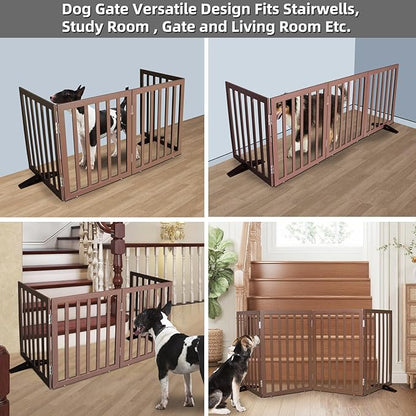 Dog Gate Indoor, Freestanding Dog Fence for The House, Doorways, Hallways,or Stairs,Pet Gate Foldable Wooden,Expandable 24" Height 4 Panels,Brown