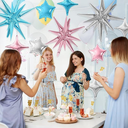 Pink Blue Silver Star Balloon,16Pcs Star Foil Balloons Set with 22Inch Explosion Spike Cone Balloons and 10Inch Quadrangle Helium Balloon for Birthday Wedding Baby Shower Party Decorations