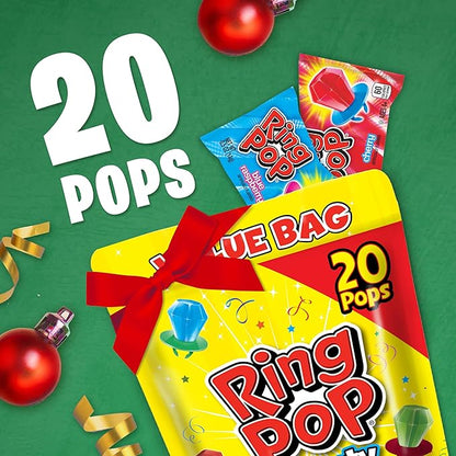 Ring Pop Candy, Christmas Lollipops, 20 Ct Party Favors in Assorted Fruity Flavors - Full Size, Bulk Variety Pack, Individually Wrapped Hard Candy For Stocking Stuffers, Holiday Gifts (Pack of 2)