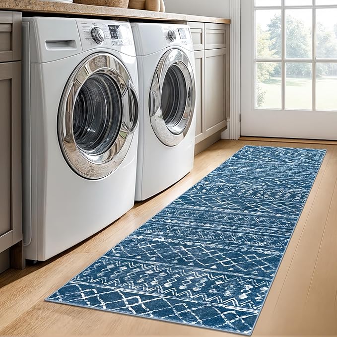 KUTA Moroccan Washable Hallway Runner Rug, 2x6 Non-Slip Vintage Blue Boho Rugs Kitchen Runners Ultra Soft Distressed Geometric Floor Carpet for Bedroom Laundry Living Room