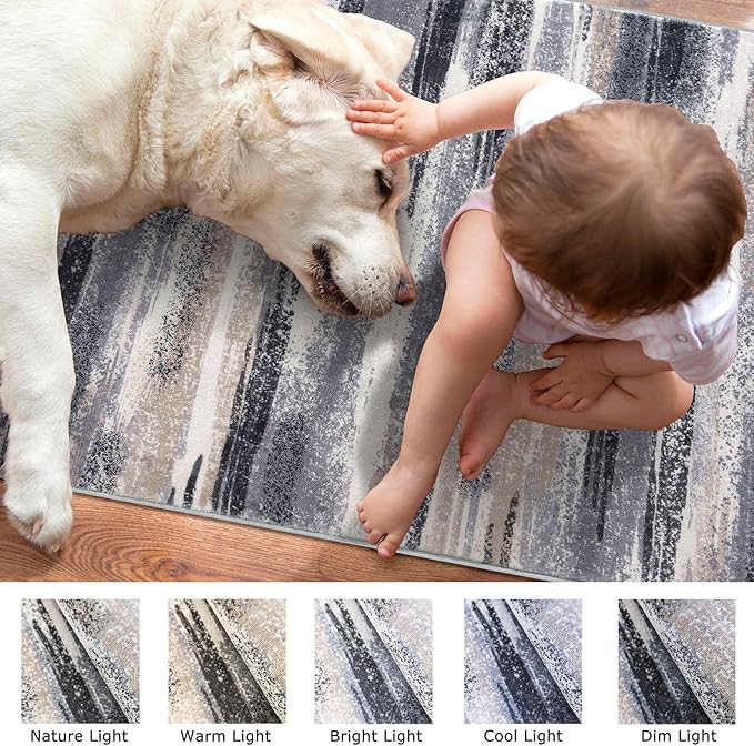 Modern Abstract Runner Rug 2.6x18, Grey Black Multi Washable Long Kitchen Runner Non-Slip Soft Hallway Rug Runner Thin Print Faux Wool Carpet for Entryway Bedroom Laundry Room Indoor Home Decor