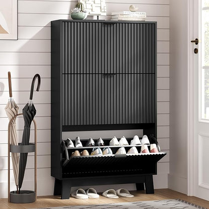 Shoe Cabinet Storage for Entryway with 3 Flip Drawers, Fluted Narrow Shoe Organizer with Wooden Legs, Freestanding Slim Shoe Storage Hidden Shoe Rack Organizer for Front Door Entrance, Hallway, Black