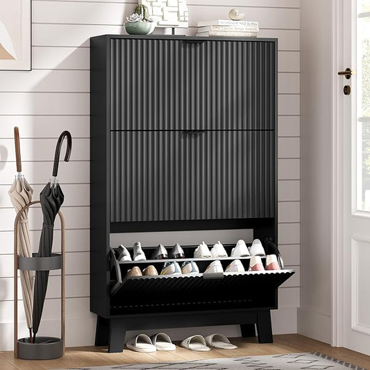 Shoe Cabinet Storage for Entryway with 3 Flip Drawers, Fluted Narrow Shoe Organizer with Wooden Legs, Freestanding Slim Shoe Storage Hidden Shoe Rack Organizer for Front Door Entrance, Hallway, Black