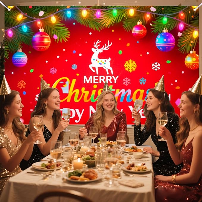 Nuxovilar Happy New Year & Christmas Banner, Twinkling Lights Fusion Backdrop for Holiday Party Decorations, 71x43 Inch