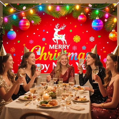 Nuxovilar Happy New Year & Christmas Banner, Twinkling Lights Fusion Backdrop for Holiday Party Decorations, 71x43 Inch